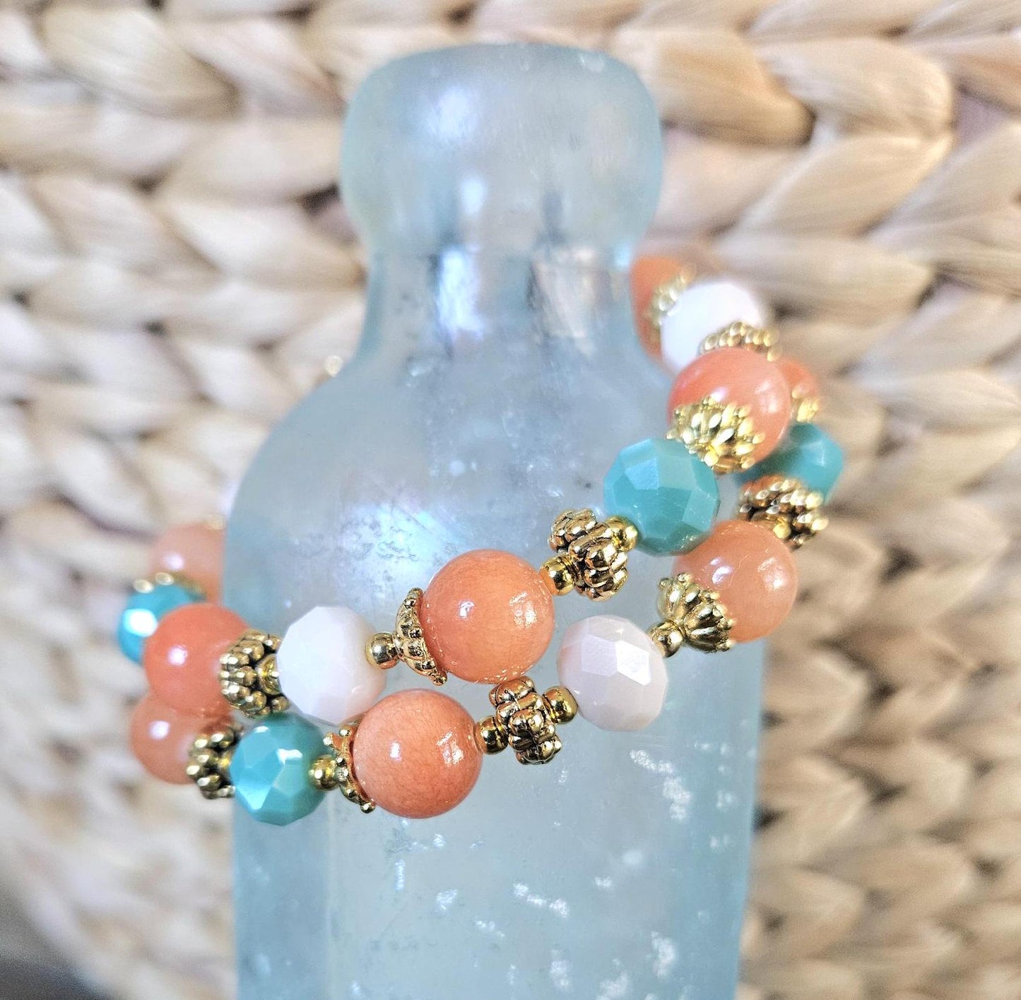Coral Jade Gemstone Beaded Bracelet Jewelry Beach Orange Turquoise Gold Handmade Memory Wire Wrap Cuff Bangle Beach Cruise Summer Spring