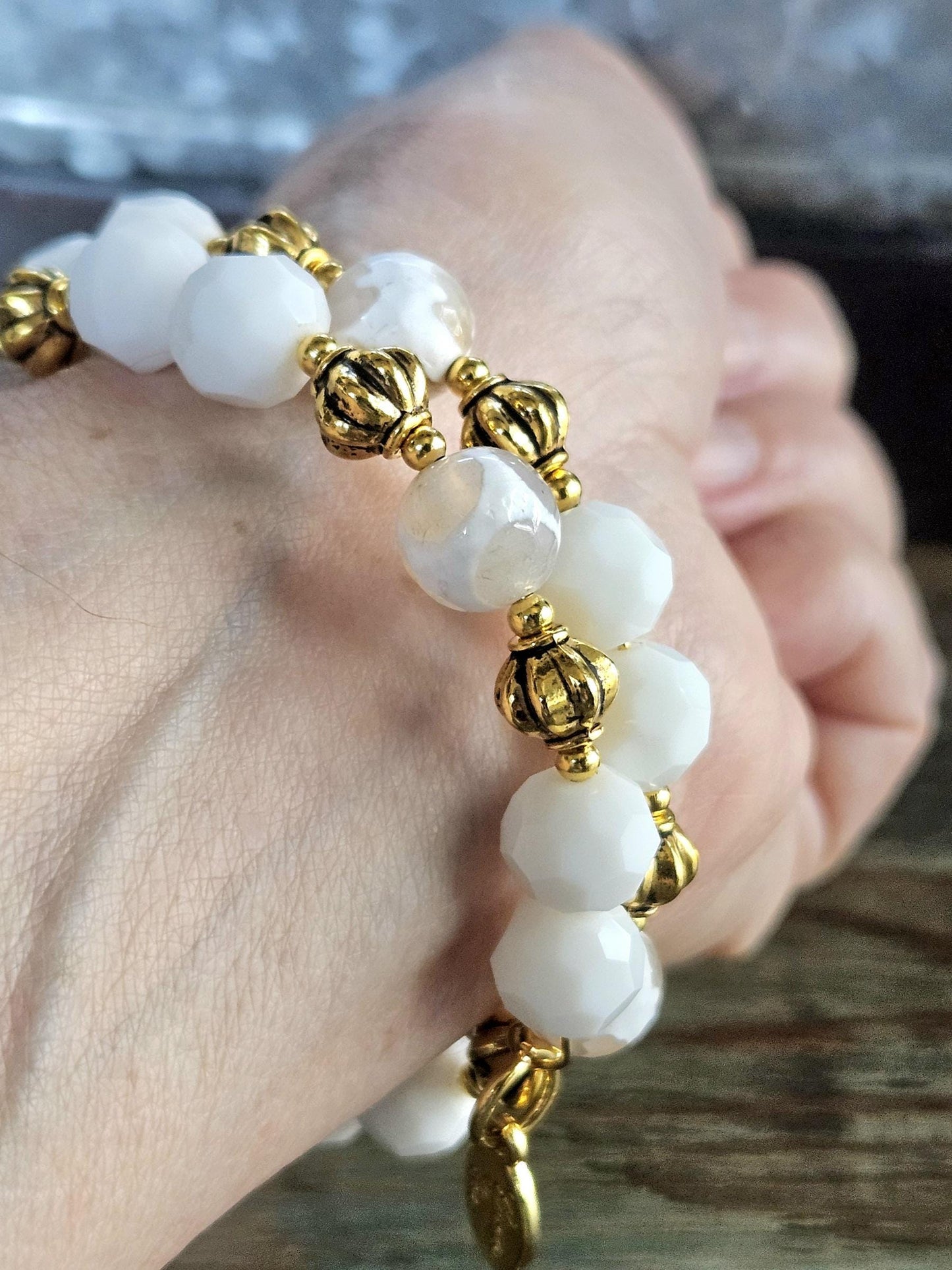 White and Gold Gemstone Bracelet Statement Jewelry Agate Beaded Handmade Adjustable Wrap Bangle Cuff Memory Wire Women's Gift Summer Spring