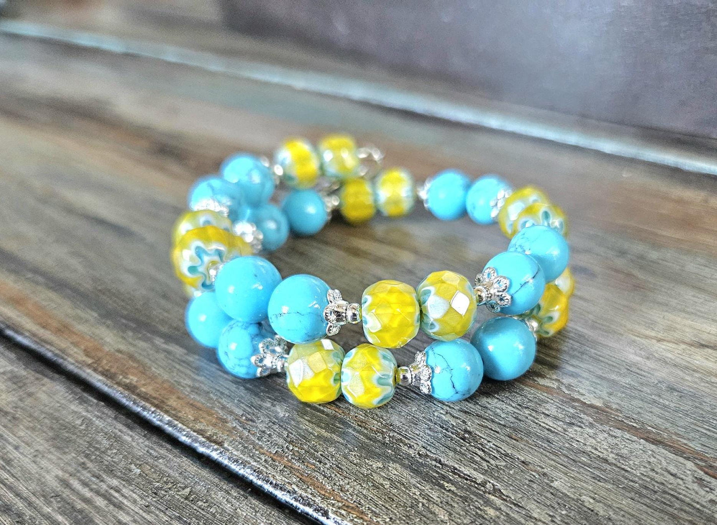 Sun Charm Bracelet Celestial Jewelry Yellow Sunshine Silver Turquoise Beach Ocean Cruise Summer Wrap Cuff Bangle Women's Gift