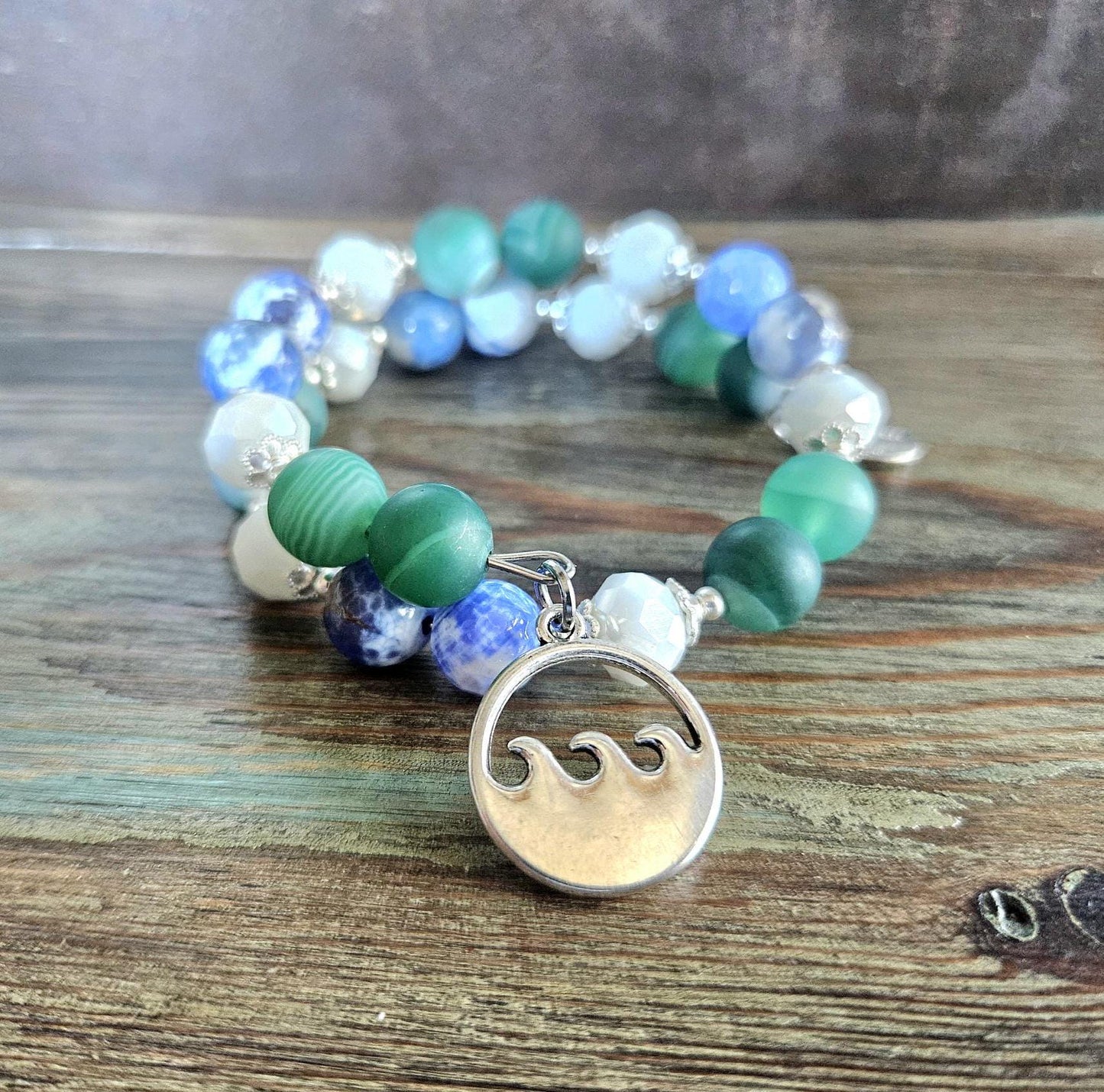 Ocean Sea Charm Bracelet Jewelry Beaded Blue Green Teal Turquoise Gemstone Agate Beach Cruise Spring Summer Memory Wire Wrap Cuff Bangle