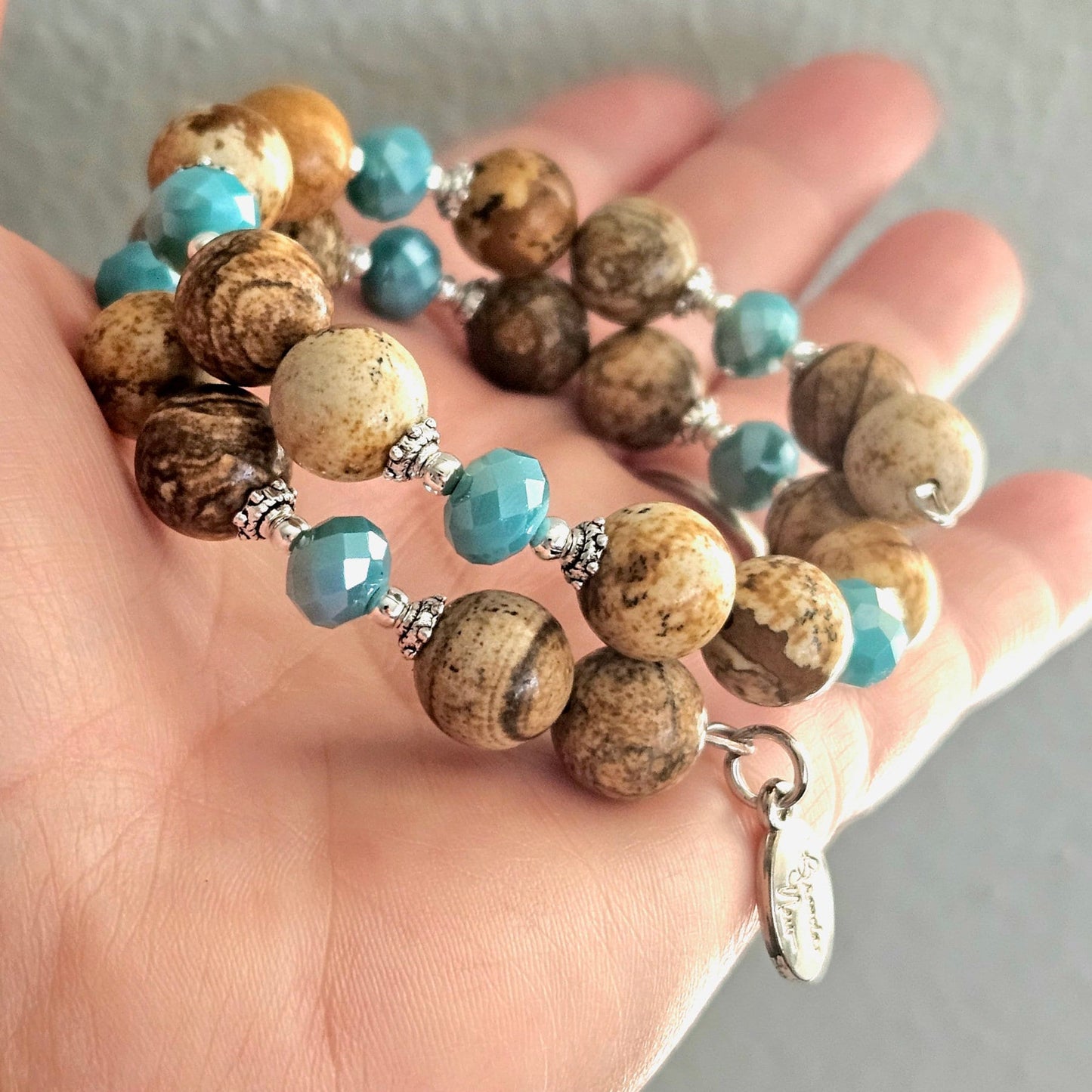 Gemstone Beaded Bracelet Southwest Turquoise Jewelry Semi Precious Desert Jasper Silver Wrap Bangle Cuff Women's Gift for Her Birthday