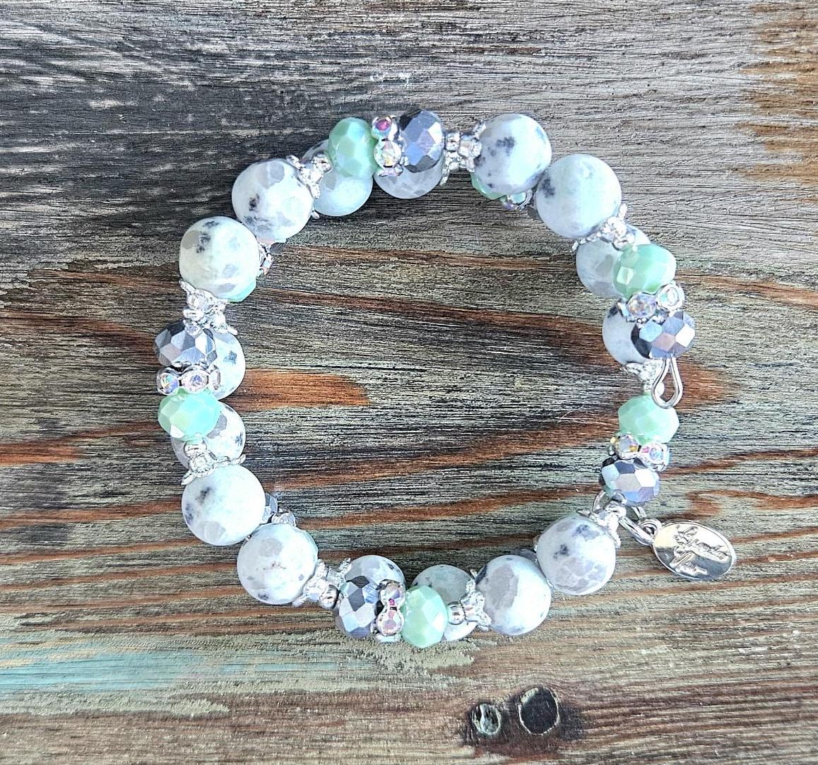 Sesame Jasper Gemstone Beaded Bracelet Mint Green Silver Memory Wire Spring Cuff Wrap Bangle Unique Genuine Boho Women's Gift For Her