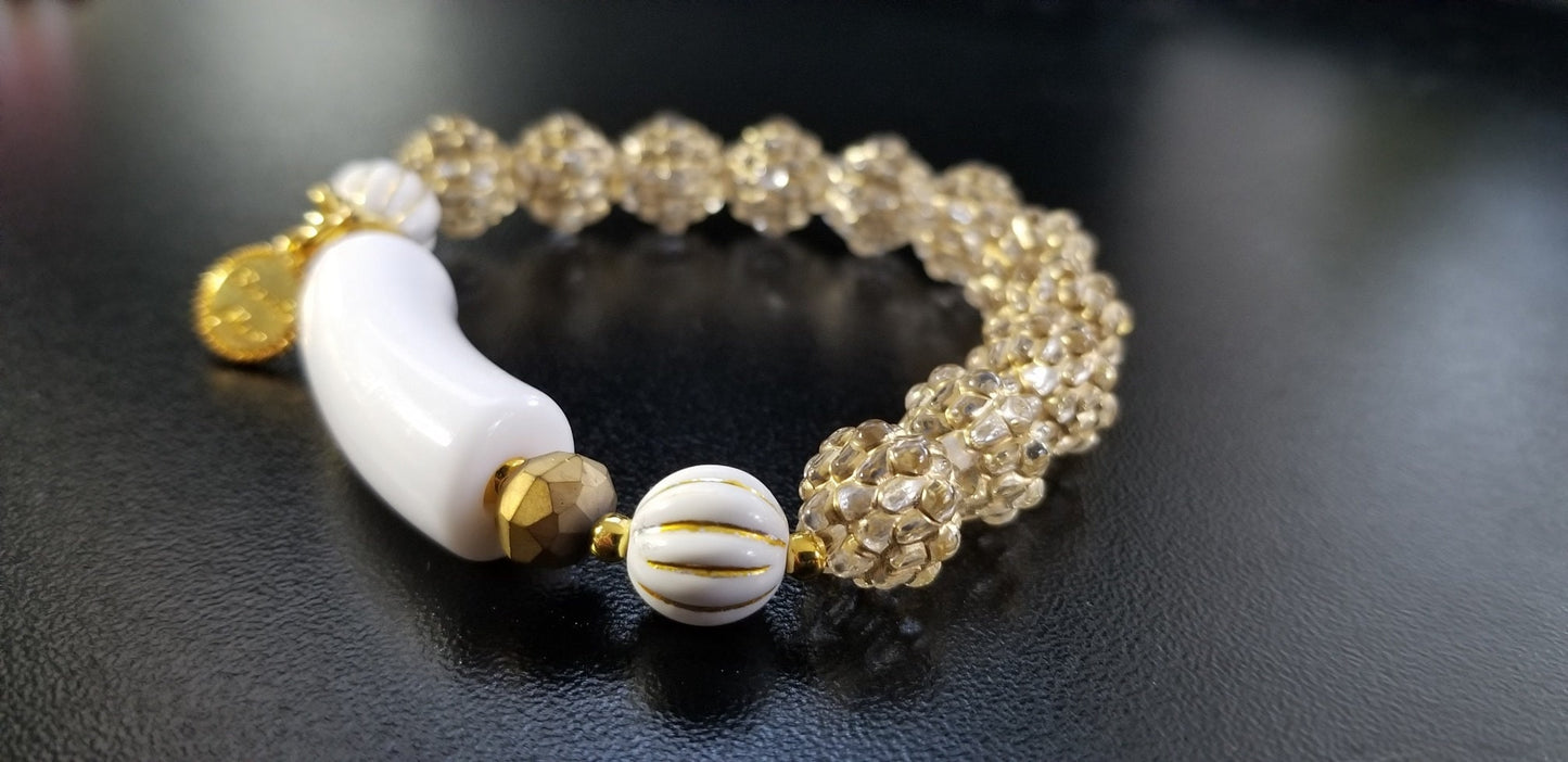 Black and White Beaded Boho Bracelet Jewelry Set of 2 Bracelets Gold Stretch Handmade Women's Gift for Her