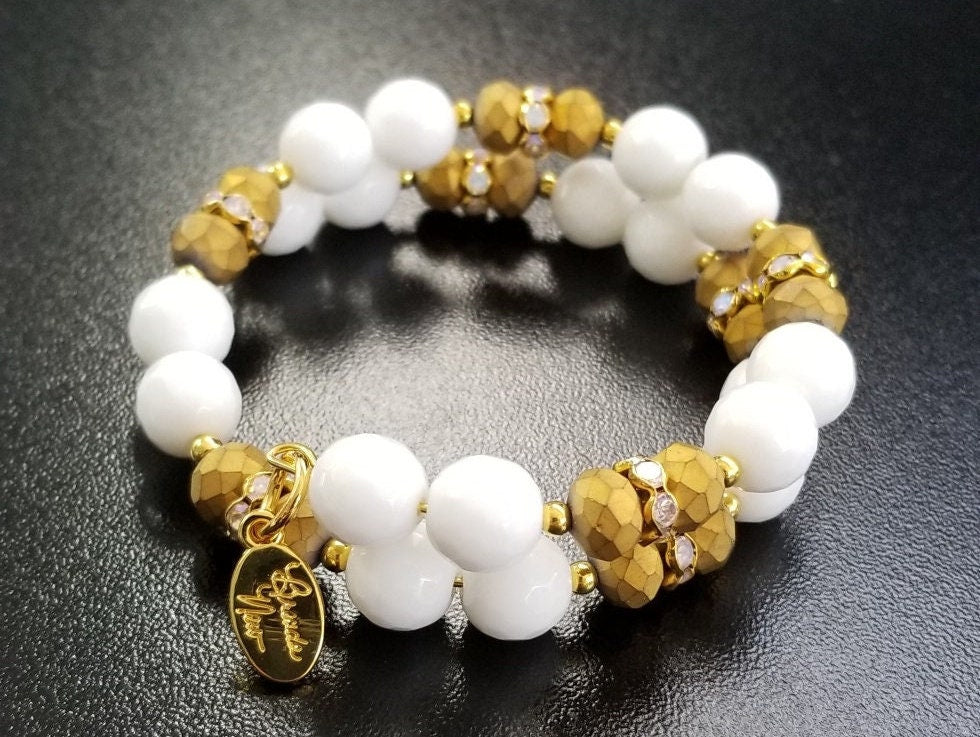 Gold White Beaded Bracelet Jewelry Handmade Wrap Cuff Bangle Women's Gift for Her