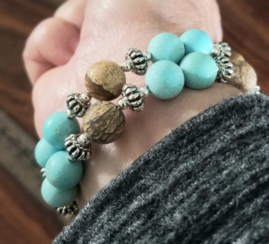 Turquoise Gemstone Beaded Bracelet Jewelry Silver Southwest Magnesite Picture Jasper Wrap Cuff Bangle Women's Gift for Her