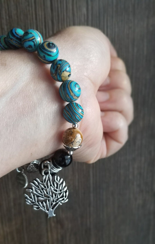 Tree of Life Charm Bracelet Beaded Turquoise Southwest Gemstone Silver Jewelry Jasper Black Onyx Women's Onyx Stretch Women's Gift For Her