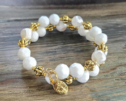 White and Gold Gemstone Bracelet Statement Jewelry Agate Beaded Handmade Adjustable Wrap Bangle Cuff Memory Wire Women's Gift Summer Spring