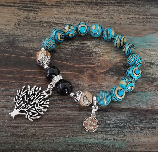 Tree of Life Charm Bracelet Beaded Turquoise Southwest Gemstone Silver Jewelry Jasper Black Onyx Women's Onyx Stretch Women's Gift For Her