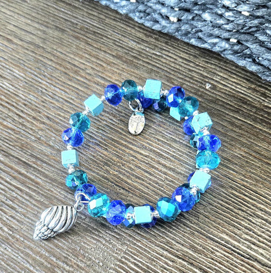 Seashell Charm Bracelet Jewelry Beaded Turquoise Gemstone Sea Ocean Beach Cruise Summer Silver Handmade Memory Wire Wrap Cuff Bangle Gift