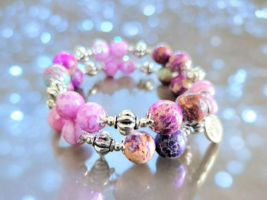 Purple Beaded Bracelet Jewelry Gemstone Violet Lavendar Silver Jasper Memory Wire Wrap Cuff Bangle Summer Spring Beach Cruise Women's Gift