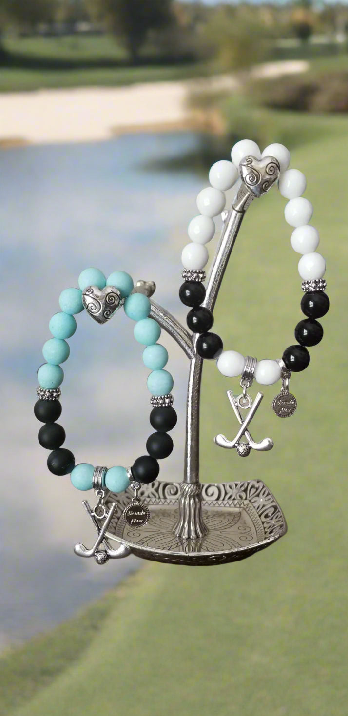 Golf Charm Bracelet Jewelry Sport Beaded Stretch Gemstone Silver Turquoise White Black Adjustable Women's