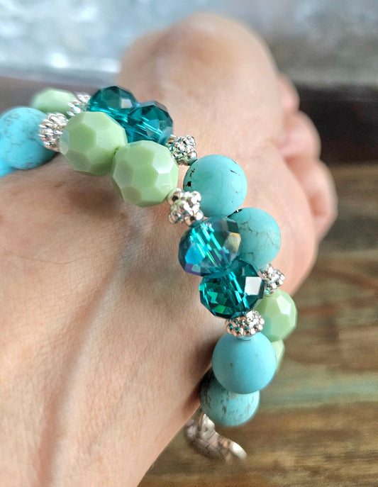 Turtle Charm Bracelet Beaded Sea Ocean Jewelry Beach Cruise Silver Turquoise Aqua Green Memory Wire Women's Gift Wrap Cuff Bangle