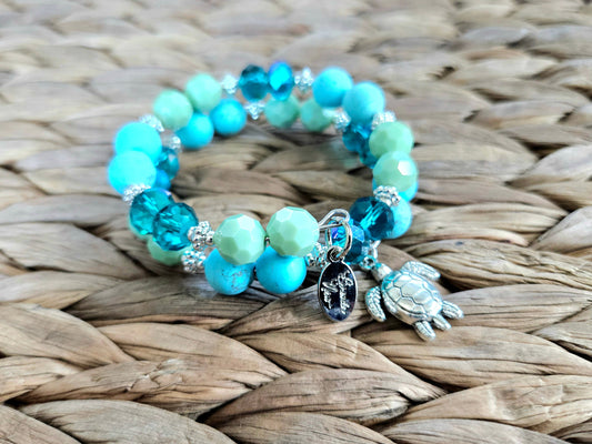 Turtle Charm Bracelet Beaded Sea Ocean Jewelry Beach Cruise Silver Turquoise Aqua Green Memory Wire Women's Gift Wrap Cuff Bangle