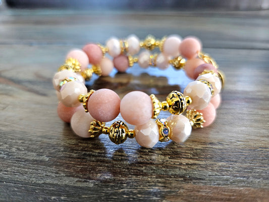 Peach Gemstone Beaded Bracelet Jewelry Jade Gold Tan Beige Wrap Cuff Bangle Memory Wire Adjustable Women's Gift For Her