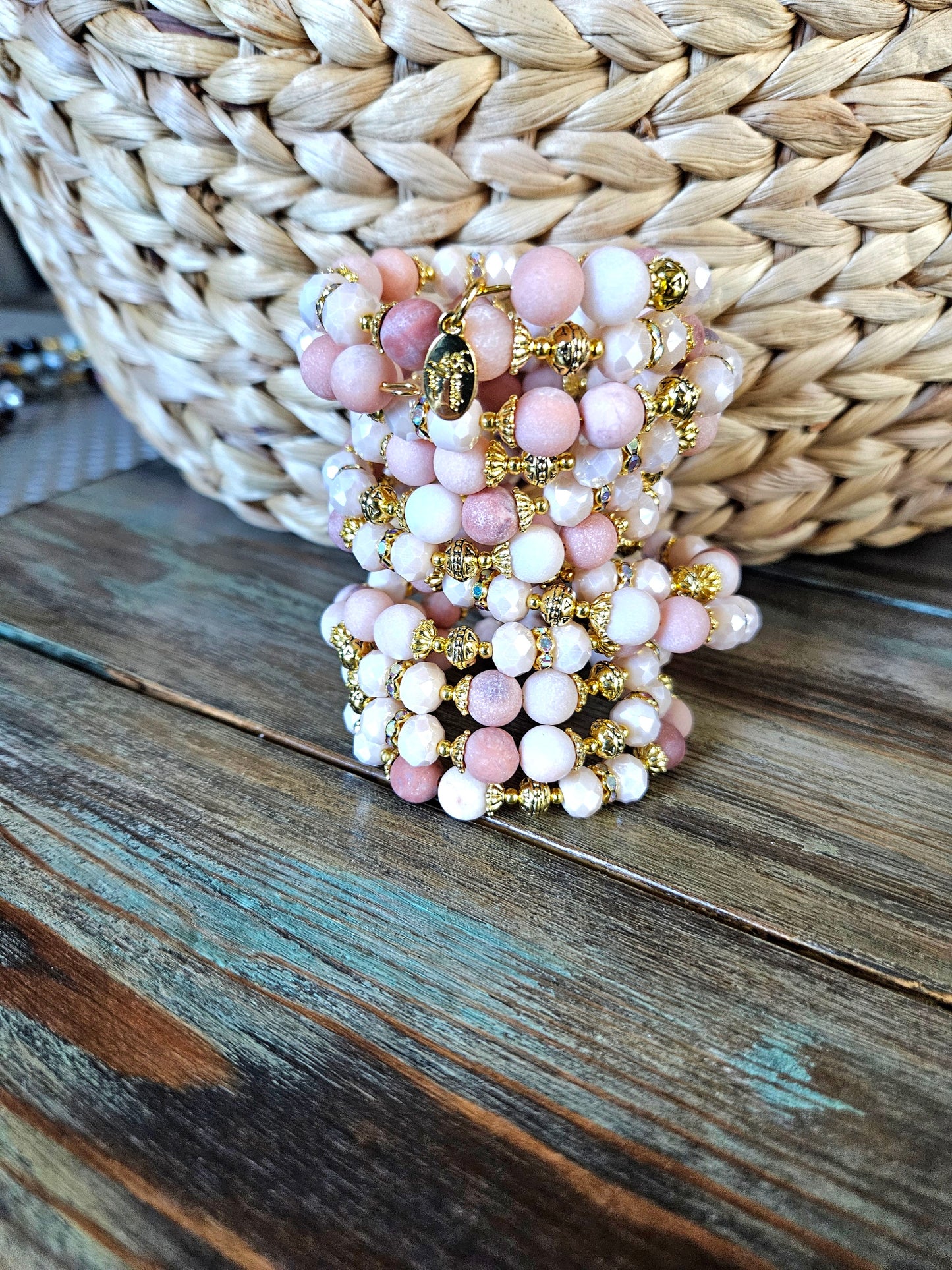Peach Gemstone Beaded Bracelet Jewelry Jade Gold Tan Beige Wrap Cuff Bangle Memory Wire Adjustable Women's Gift For Her