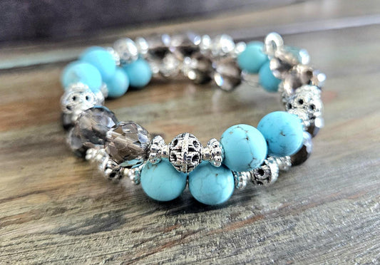 Smoky Quartz Silver Turquoise Southwest Beaded Bracelet Jewelry Brown Gemstone Handmade Wrap Cuff Bangle Vintage Women's Gift For Her