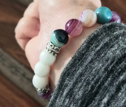 Purple Gemstone Beaded Bracelet Jewelry Stretch Handmade Violet Lavender Agate Women's Gift For Her