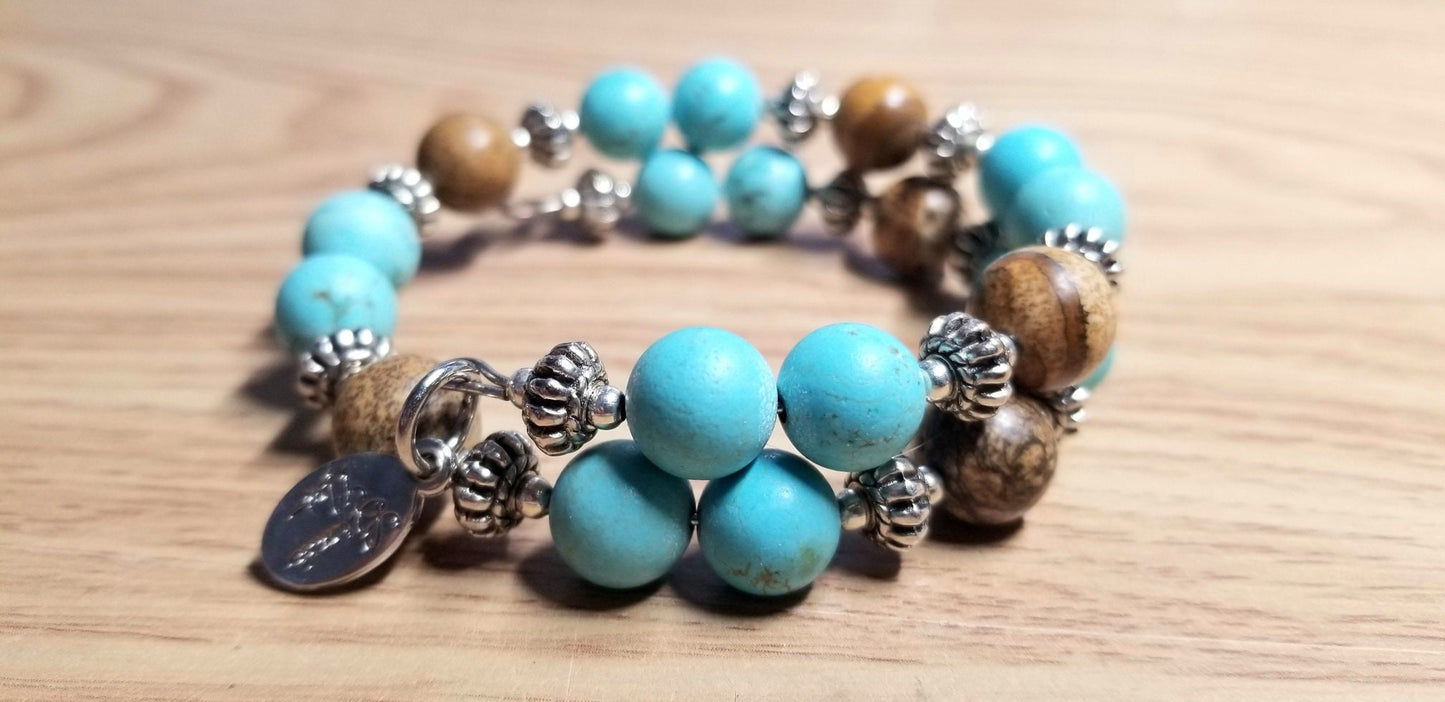 Turquoise Gemstone Beaded Bracelet Jewelry Silver Southwest Magnesite Picture Jasper Wrap Cuff Bangle Women's Gift for Her