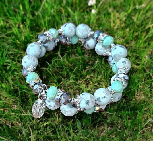 Sesame Jasper Gemstone Beaded Bracelet Mint Green Silver Memory Wire Spring Cuff Wrap Bangle Unique Genuine Boho Women's Gift For Her
