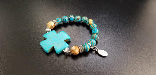 Turquoise Cross Beaded Gemstone Bracelet Jewelry Southwest Silver Stretch Handmade Women's Gift For Her