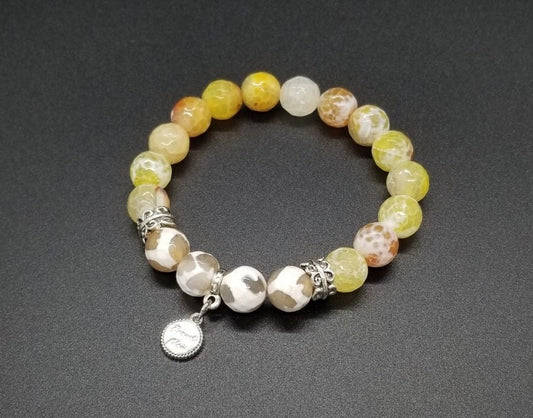 Yellow Beaded Bracelet Gemstone Agate Jewelry Stretch White Silver Amber Spring Summer Beach Cruise Women's Gift for Her