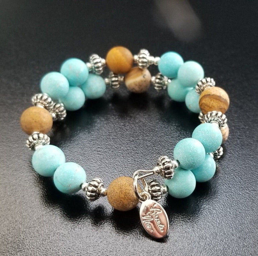 Turquoise Gemstone Beaded Bracelet Jewelry Silver Southwest Magnesite Picture Jasper Wrap Cuff Bangle Women's Gift for Her