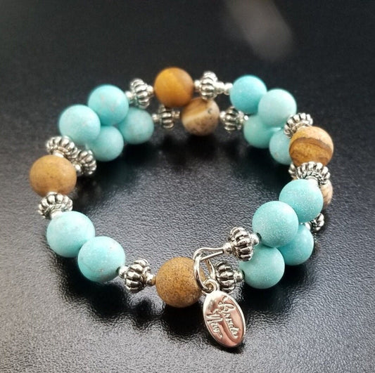 Turquoise Gemstone Beaded Bracelet Jewelry Silver Southwest Magnesite Picture Jasper Wrap Cuff Bangle Women's Gift for Her