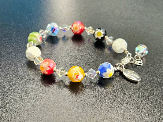 Millefiori Glass Beaded Bracelet Sterling Silver Jewelry Women's Ladies Adjustable Gift for Her