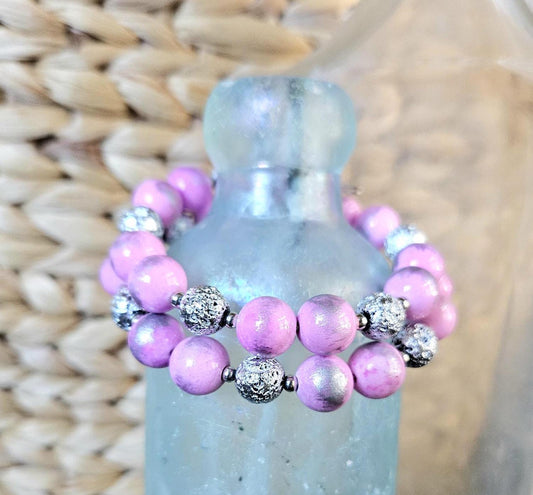 Pink Gemstone Beaded Bracelet Jade Jewelry Statement Awareness Silver Memory Wire Wrap Cuff Bangle Women's Gift for Her