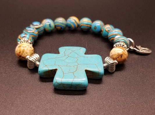 Turquoise Cross Beaded Gemstone Bracelet Jewelry Southwest Silver Stretch Handmade Women's Gift For Her