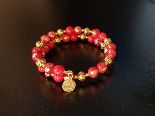 Red Jade Gemstone Beaded Bracelet Jewelry Statement Christmas Valentine Gift Gold Women's Wrap Cuff Bangle