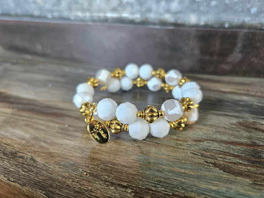 White and Gold Gemstone Bracelet Statement Jewelry Agate Beaded Handmade Adjustable Wrap Bangle Cuff Memory Wire Women's Gift Summer Spring