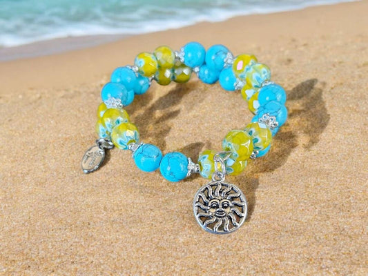 Sun Charm Bracelet Celestial Jewelry Yellow Sunshine Silver Turquoise Beach Ocean Cruise Summer Wrap Cuff Bangle Women's Gift