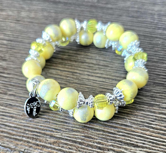 Yellow Beaded Gemstone Bracelet Jade Jewelry Crystal Silver Lemon Sun Spring Summer Beach Cruise Handmade Memory Wire Wrap Cuff Bangle Gift