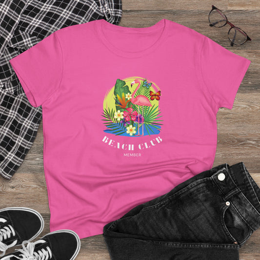 Tropical Beach Club Tee: Women's Cotton Top Featuring Flamingo Design, Summer Fashion, Vacation Wardrobe, Beach Lovers Gift, Casual Wear