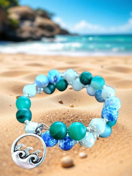 Ocean Sea Charm Bracelet Jewelry Beaded Blue Green Teal Turquoise Gemstone Agate Beach Cruise Spring Summer Memory Wire Wrap Cuff Bangle
