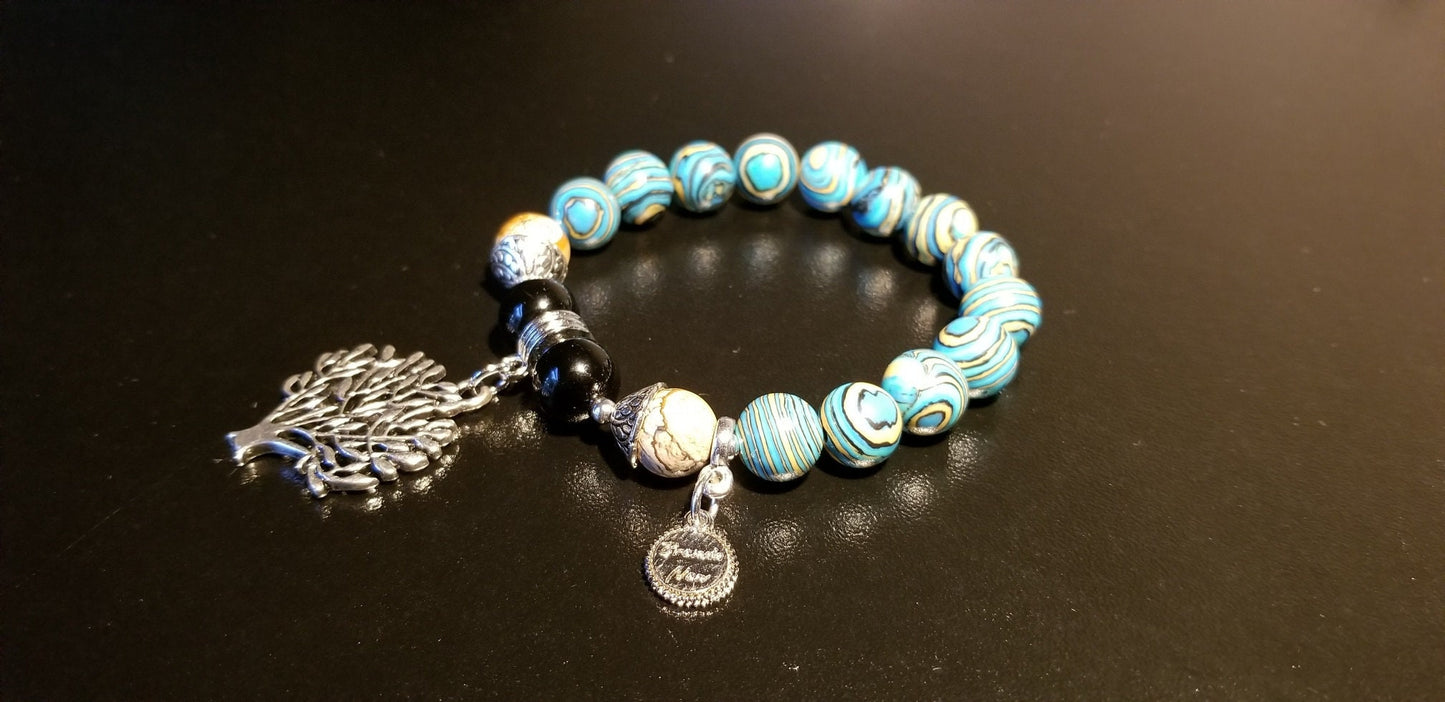 Tree of Life Charm Bracelet Beaded Turquoise Southwest Gemstone Silver Jewelry Jasper Black Onyx Women's Onyx Stretch Women's Gift For Her