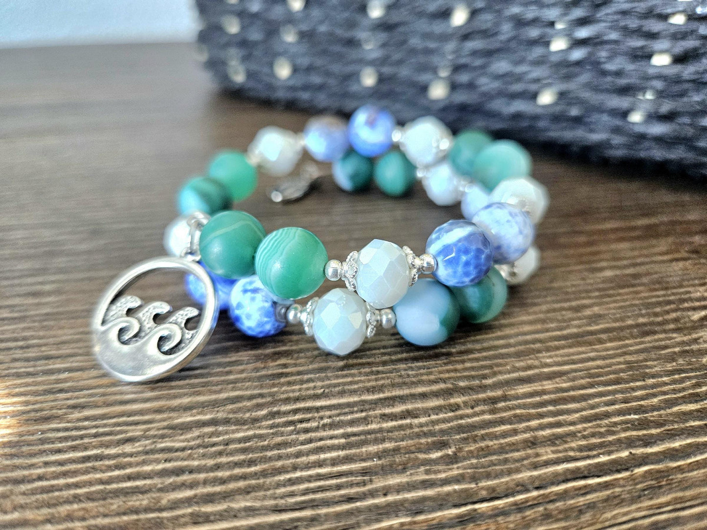 Ocean Sea Charm Bracelet Jewelry Beaded Blue Green Teal Turquoise Gemstone Agate Beach Cruise Spring Summer Memory Wire Wrap Cuff Bangle