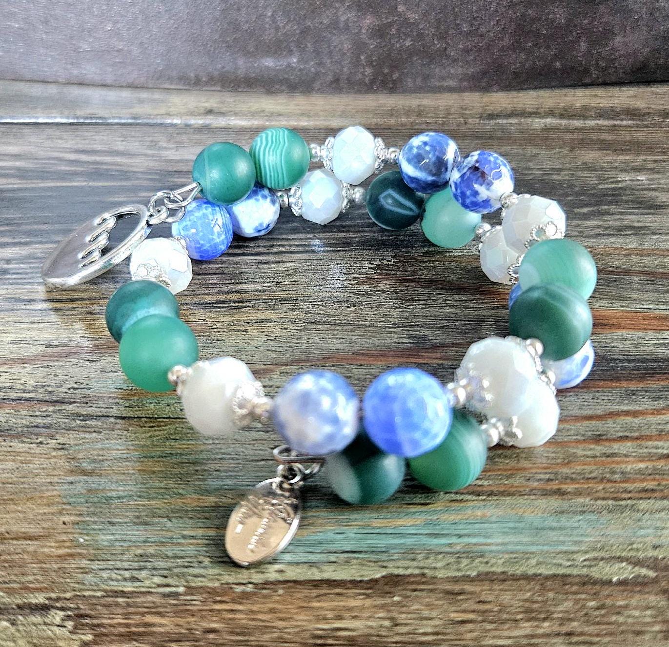 Ocean Sea Charm Bracelet Jewelry Beaded Blue Green Teal Turquoise Gemstone Agate Beach Cruise Spring Summer Memory Wire Wrap Cuff Bangle