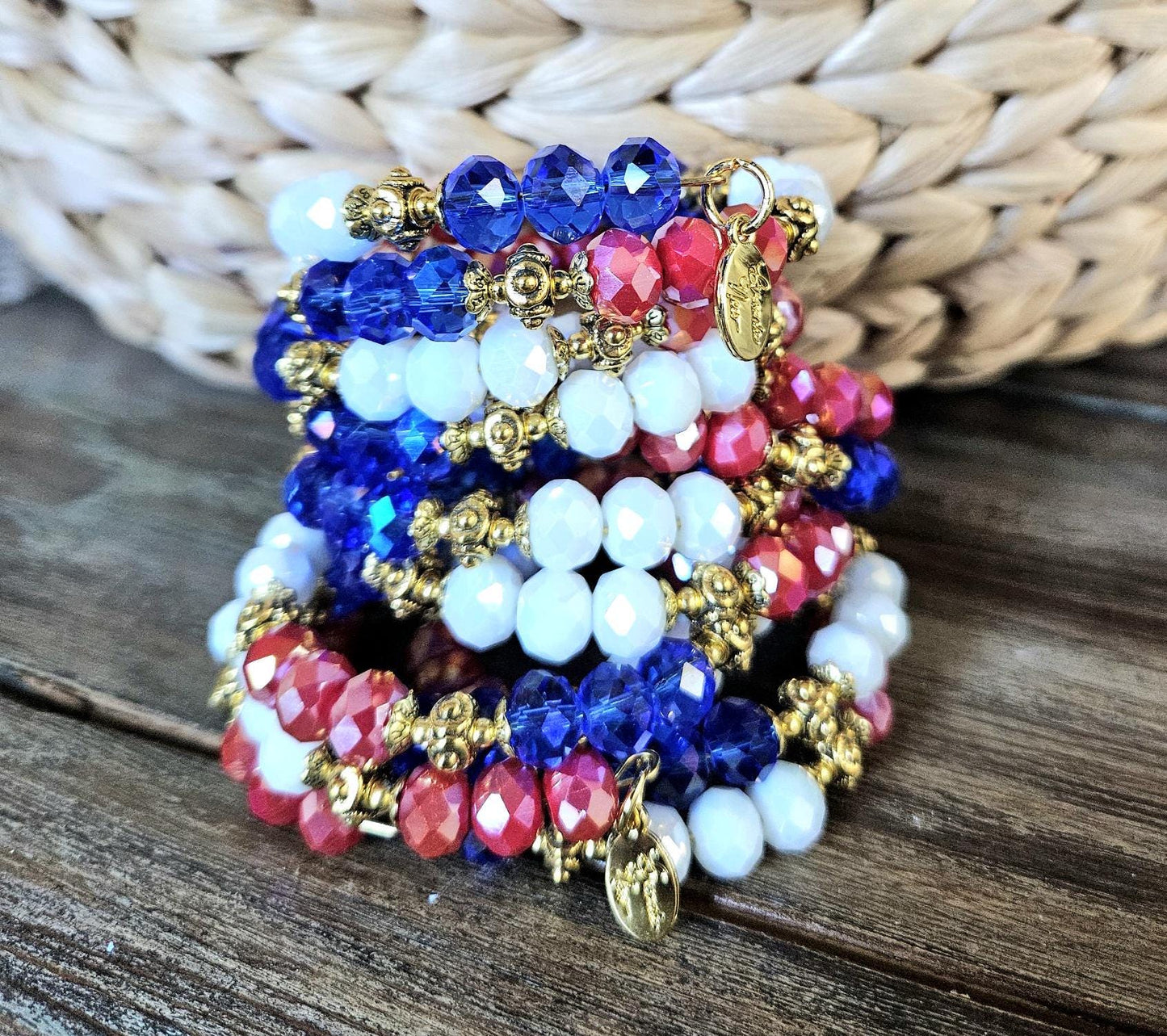 Red White and Blue Flag Cross Charm Bracelet Jewelry Beaded Patriotic USA Military July 4 Gold Wrap Bangle Memory Wire Adjustable