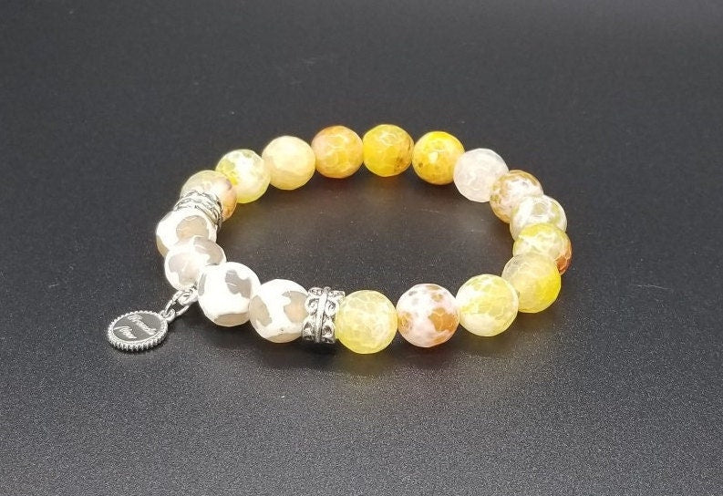 Yellow Beaded Bracelet Gemstone Agate Jewelry Stretch White Silver Amber Spring Summer Beach Cruise Women's Gift for Her