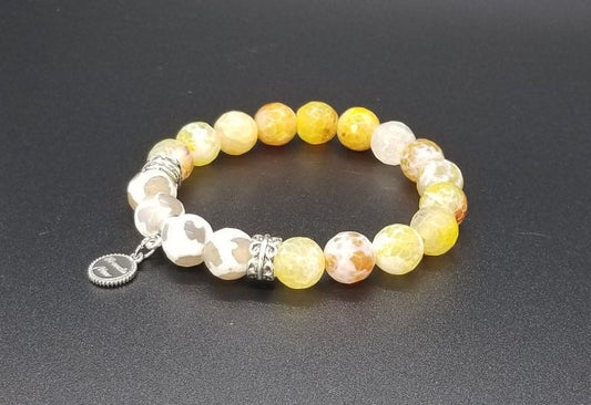 Yellow Beaded Bracelet Gemstone Agate Jewelry Stretch White Silver Amber Spring Summer Beach Cruise Women's Gift for Her