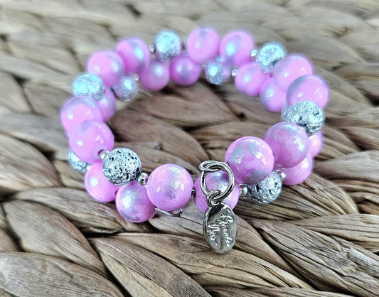 Pink Gemstone Beaded Bracelet Jade Jewelry Statement Awareness Silver Memory Wire Wrap Cuff Bangle Women's Gift for Her