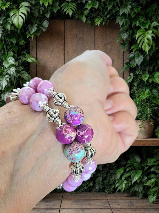 Purple Beaded Bracelet Jewelry Gemstone Violet Lavendar Silver Jasper Memory Wire Wrap Cuff Bangle Summer Spring Beach Cruise Women's Gift