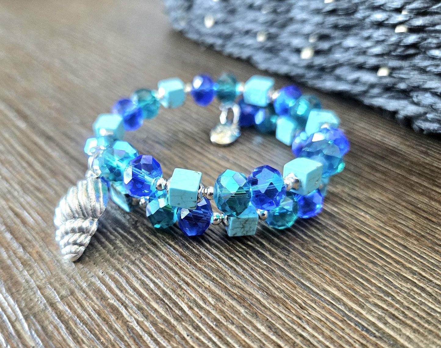 Seashell Charm Bracelet Jewelry Beaded Turquoise Gemstone Sea Ocean Beach Cruise Summer Silver Handmade Memory Wire Wrap Cuff Bangle Gift