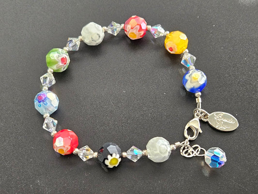 Millefiori Glass Beaded Bracelet Sterling Silver Jewelry Women's Ladies Adjustable Gift for Her
