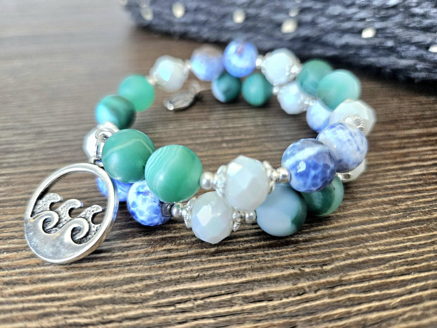 Ocean Sea Charm Bracelet Jewelry Beaded Blue Green Teal Turquoise Gemstone Agate Beach Cruise Spring Summer Memory Wire Wrap Cuff Bangle