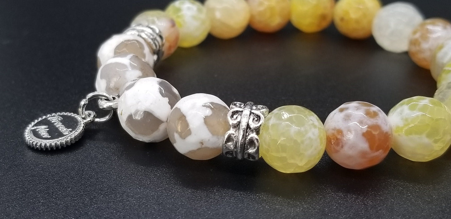 Yellow Beaded Bracelet Gemstone Agate Jewelry Stretch White Silver Amber Spring Summer Beach Cruise Women's Gift for Her
