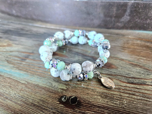 Sesame Jasper Gemstone Beaded Bracelet Mint Green Silver Memory Wire Spring Cuff Wrap Bangle Unique Genuine Boho Women's Gift For Her