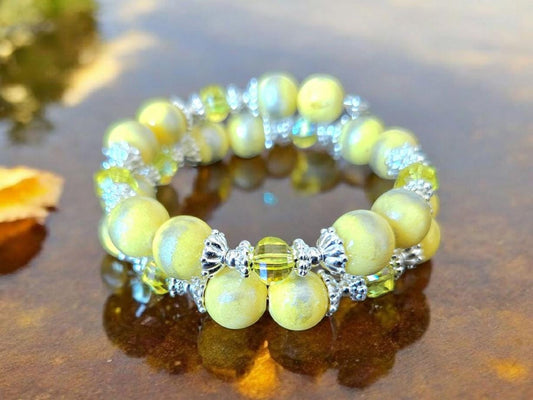 Yellow Beaded Gemstone Bracelet Jade Jewelry Crystal Silver Lemon Sun Spring Summer Beach Cruise Handmade Memory Wire Wrap Cuff Bangle Gift
